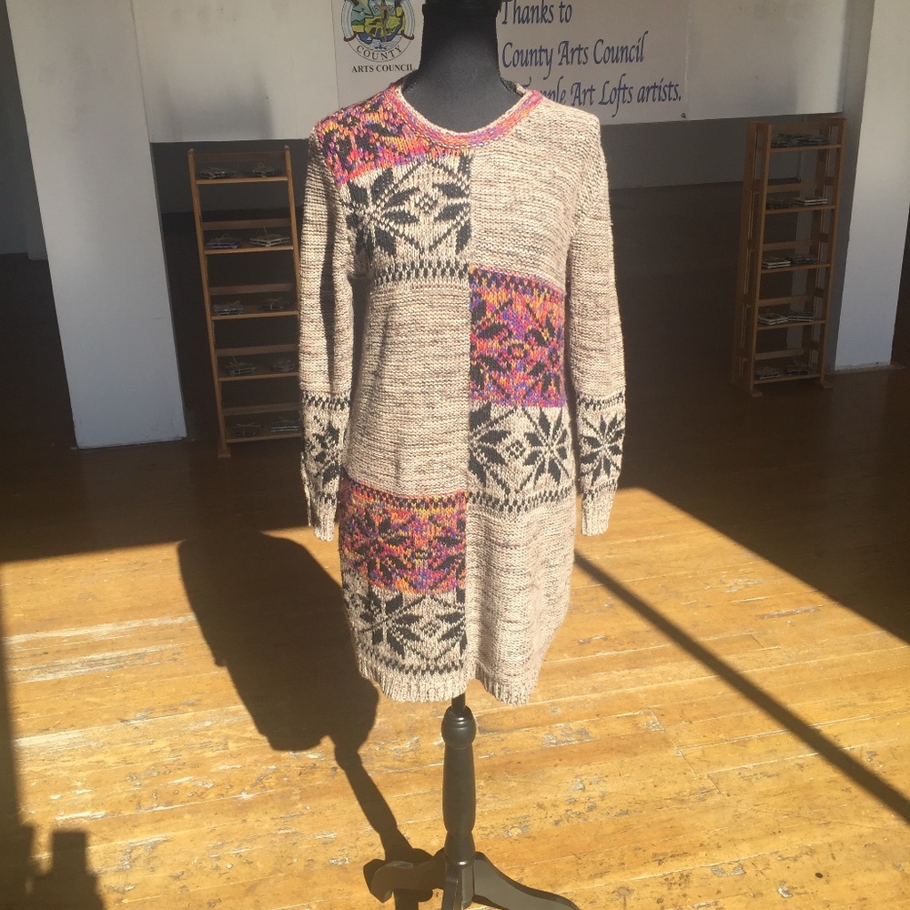 Brown pink and orange long sleeve knit sweater dress